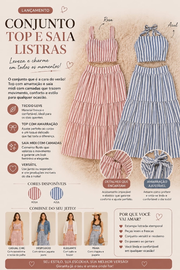Conjunto Top E Saia Listras — moda feminina Marini Modas