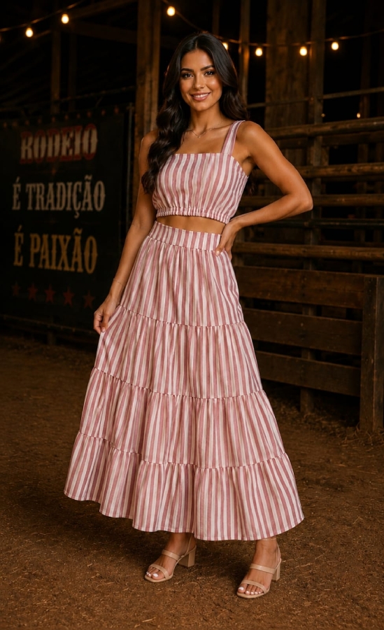 Conjunto listras top/saia rosa — moda feminina Marini Modas
