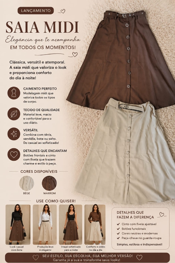 Saia Midi — moda feminina Marini Modas