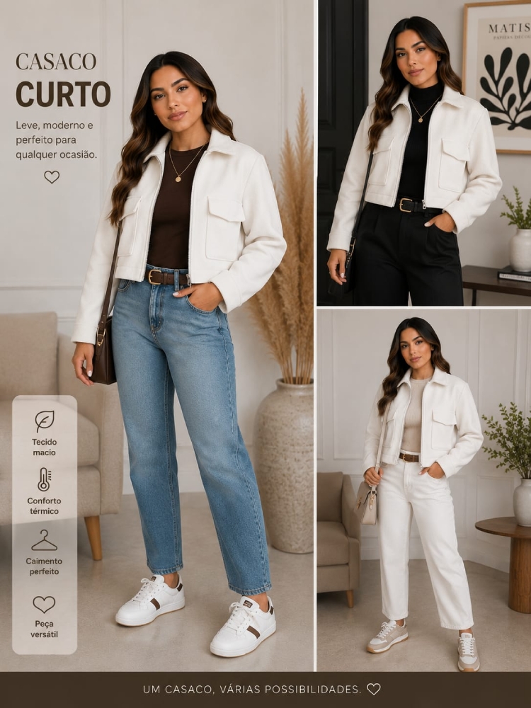 Casaco Curto lã batida Cor of White — moda feminina Marini Modas